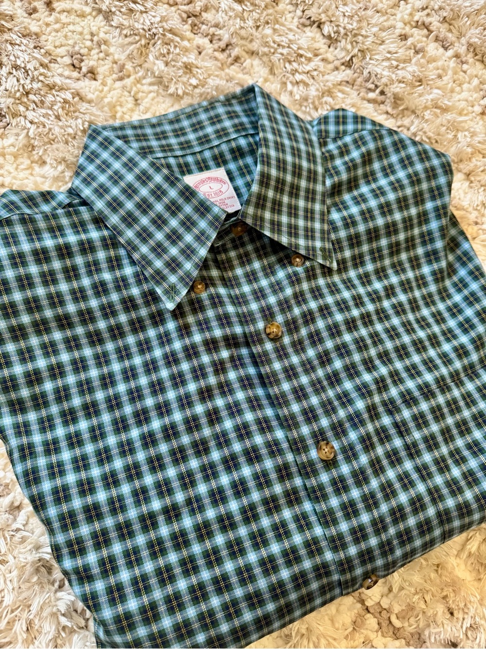 Brooks Brothers Men’s Plaid Polo Long Sleeve Button Shirt Blue Green Cotton